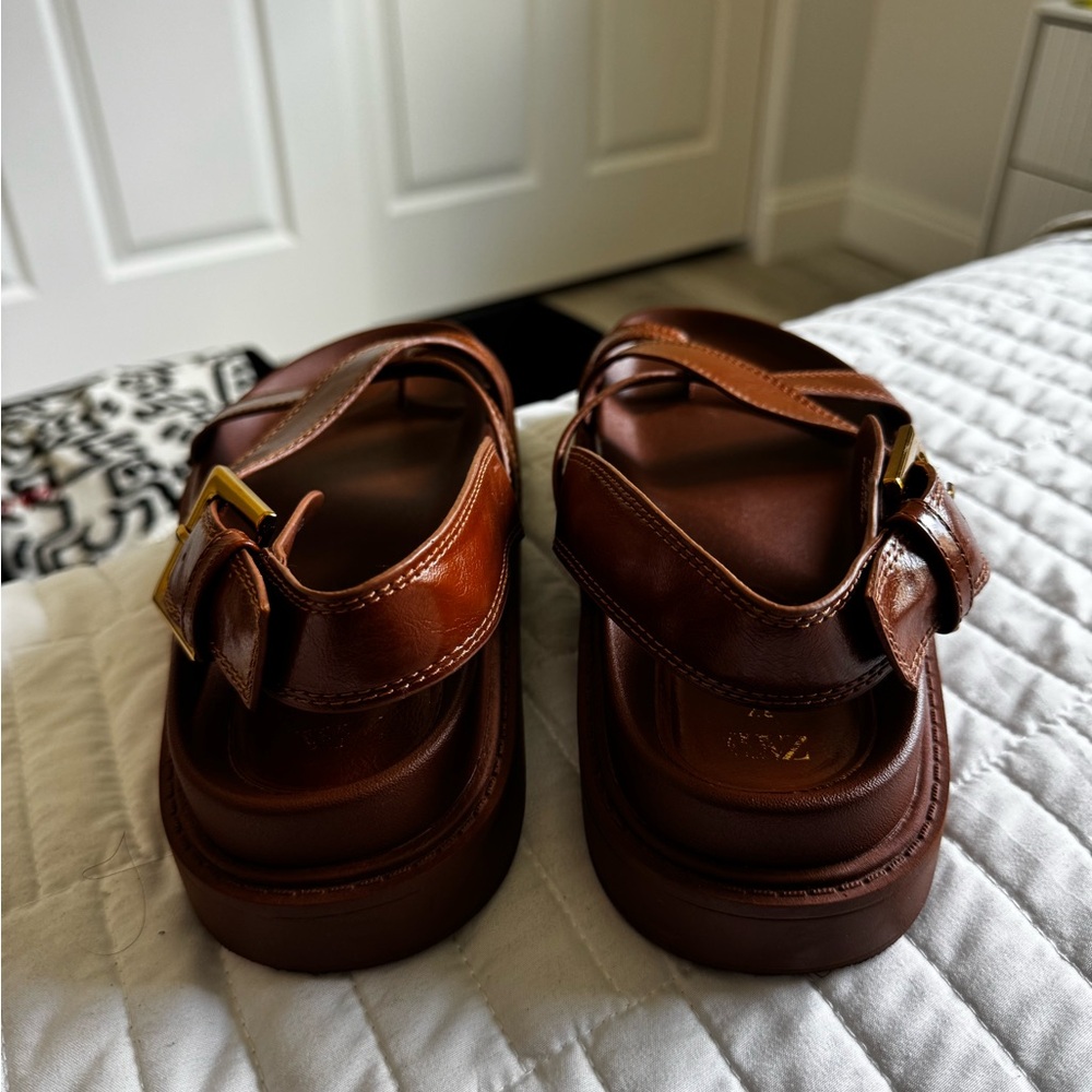 Zara Brown Leather Crisscross Strap Sandals - Picture 5 of 6